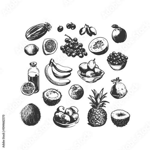 Hand-drawn fruit assortment in detailed line art featuring bananas, pineapples, coconuts, citrus, and berries. Ideal for natural food packaging, organic product branding, or kitchen decor