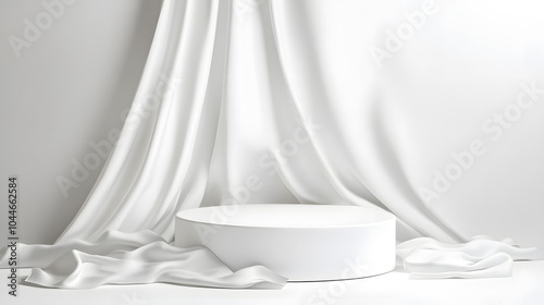 Podium covered with a piece of white silk drapery fabric, podium for product cosmetic presentation creative mock up 3d illustration