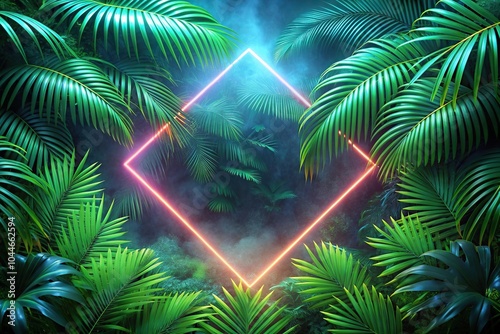 Symmetrical neon rectangle frame in tropical palm foliage backdrop with glowing geometric shape and mist