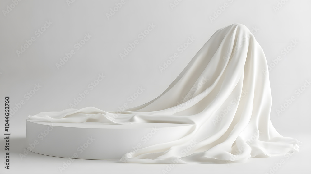 Podium covered with a piece of white silk drapery fabric, podium for product cosmetic presentation creative mock up 3d illustration Podium covered with a piece of white silk drapery fabric, podium for product cosmetic presentation creative mock up 3d illustration