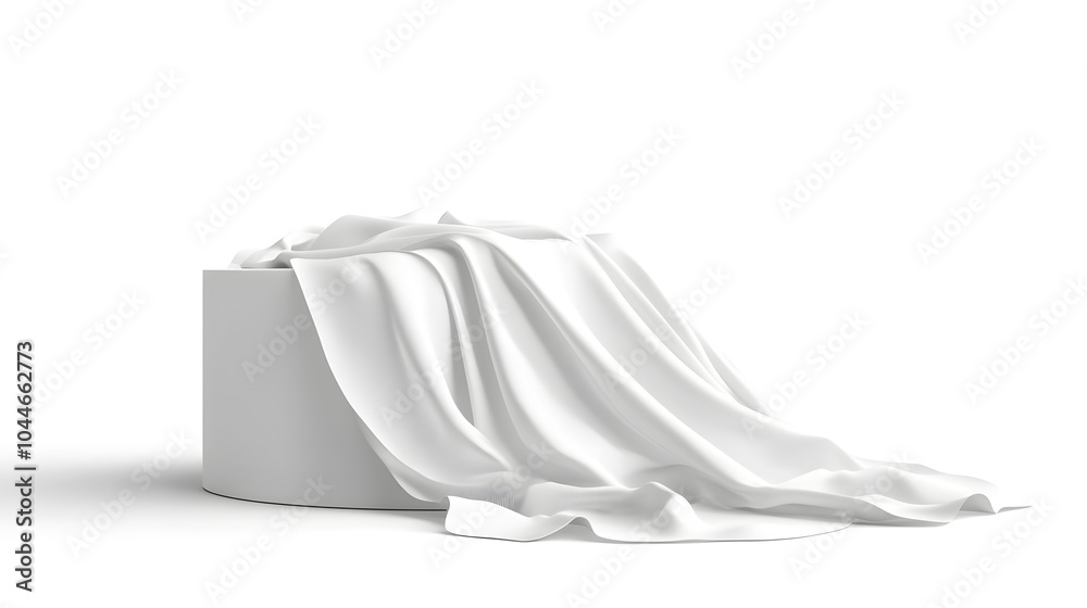 Podium covered with a piece of white silk drapery fabric, podium for product cosmetic presentation creative mock up 3d illustration Podium covered with a piece of white silk drapery fabric, podium for product cosmetic presentation creative mock up 3d illustration