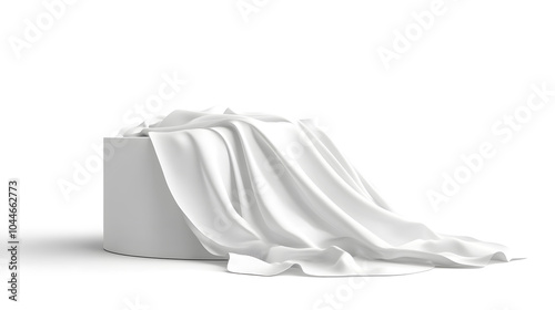 Podium covered with a piece of white silk drapery fabric, podium for product cosmetic presentation creative mock up 3d illustration