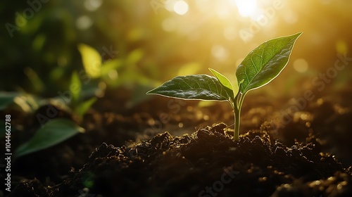 Little green sprout under bright sunlight, sprout has little leaves rooted in rich soil, concept of growth and nature photo