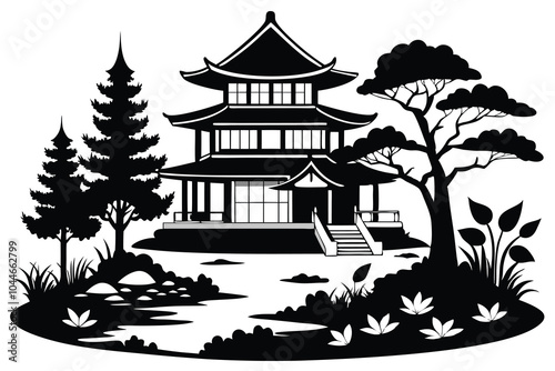 House with Pond and Japanese Garden Icon silhouette A.eps