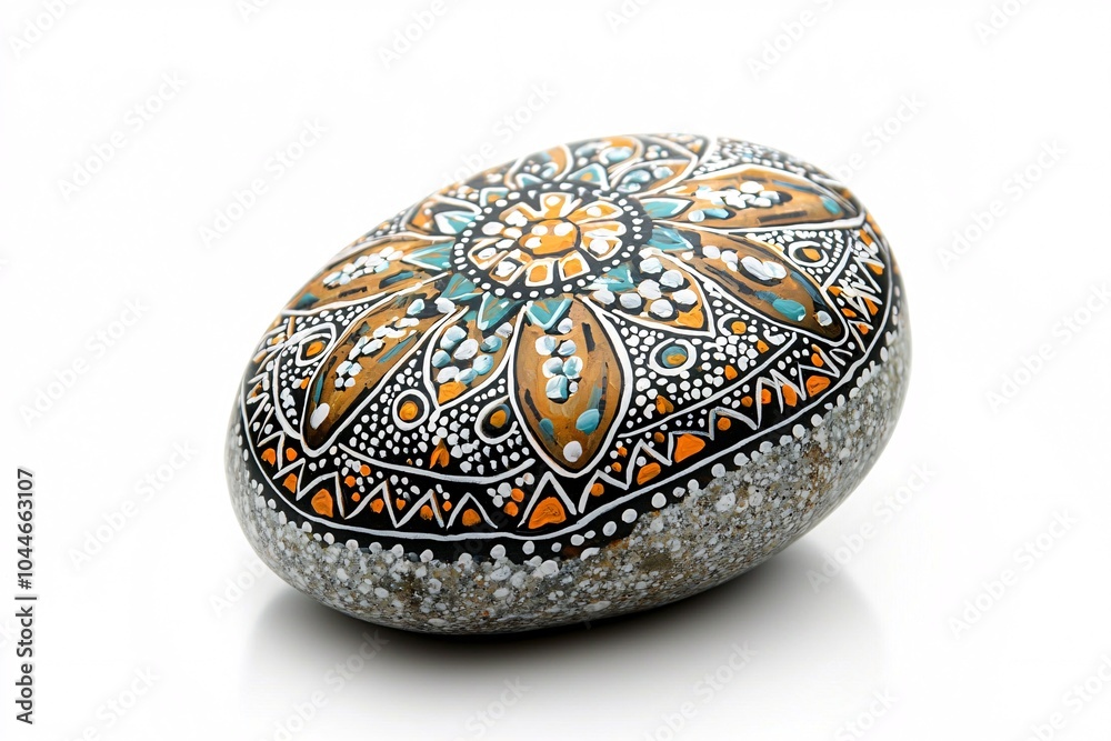 A beautifully crafted stone adorned with intricate geometric designs, displayed against a clean white backdrop. A beautifully crafted stone adorned with intricate geometric designs, displayed against a clean white backdrop.