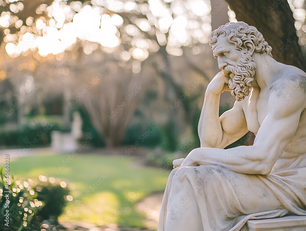 Greek philosopher statue in a park, statue of muscular man thinking about higher values with background of trees and sunlight in background Greek philosopher statue in a park, statue of muscular man thinking about higher values with background of trees and sunlight in background