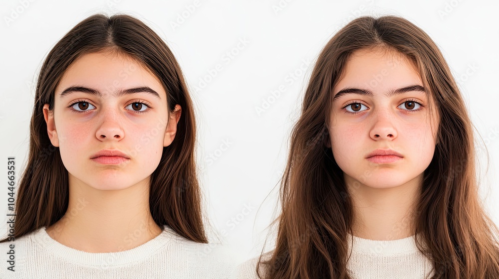 Young Ladies With Brown Hair Posing Against a Plain Background Generative AI Young Ladies With Brown Hair Posing Against a Plain Background Generative AI