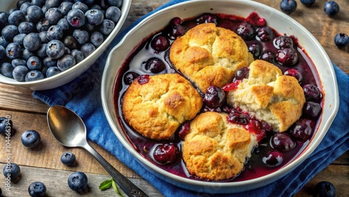 Blueberry cobbler with golden biscuit topping and syrupy blueberries, blueberry, cobbler, golden, biscuit, topping, syrupy