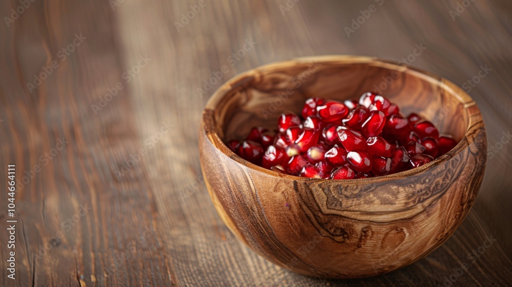 In a wooden bowl, you'll find peeled crimson pomegranate seeds ideal for both nourishment and culinary purposes. In a wooden bowl, you'll find peeled crimson pomegranate seeds ideal for both nourishment and culinary purposes.