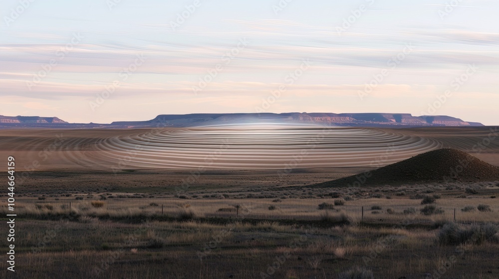 Fototapeta premium Sound waves radiating across a serene landscape, symbolizing the interconnectedness and harmony of natural and auditory elements.