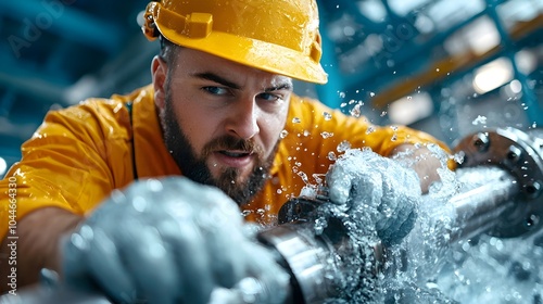 Maintenance engineer tightening bolts on a large piece of industrial equipment on an offshore oil platform with crashing waves and the open sea visible below photo