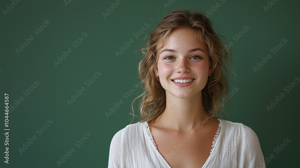Young Woman Smiling in Loose White Blouse Young Woman Smiling in Loose White Blouse