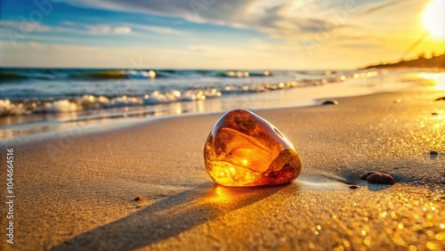 Fototapeta Naklejka Na Ścianę i Meble -  Amber glowing on a sandy beach by the Baltic Sea, Amber, Baltic Sea, Beach, Sand, Glow, Glowing, Sunset, Summer, Coastal