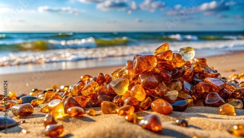 Fototapeta Naklejka Na Ścianę i Meble -  Amber pieces washed up on a sandy beach by the Baltic sea , Amber, beach, Baltic sea, sand, shore, coastline, treasures, golden