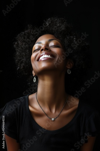 Smiling Black Woman with Curly Hair in Black Top. Generative AI.