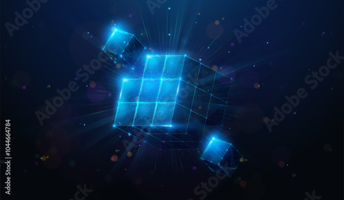 Abstract illustration of low poly cube gathering from small cubes. Geometric background depicting blockchain technology and cryptocurrency fintech concept by wireframe mesh