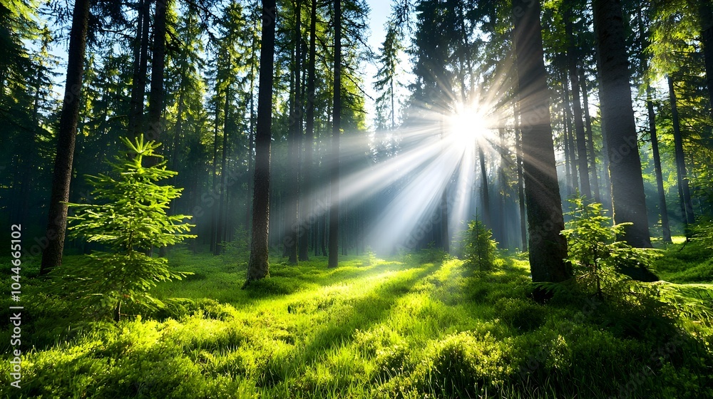 Fototapeta premium Dramatic golden rays of morning light streaming through the lush foliage and trees in a serene misty forest landscape casting a warm ethereal glow and soft shadows across the natural scene