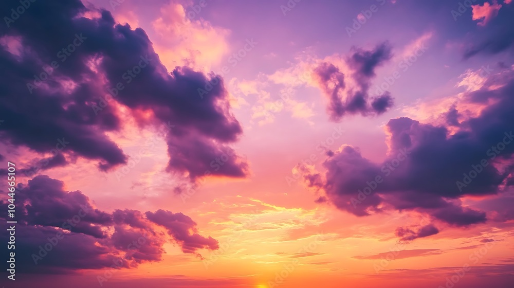 Fototapeta premium Beautiful evening sky mystical purple lights on cloud shades, cloudscape in great sky landscape view, shining lights on vast sky