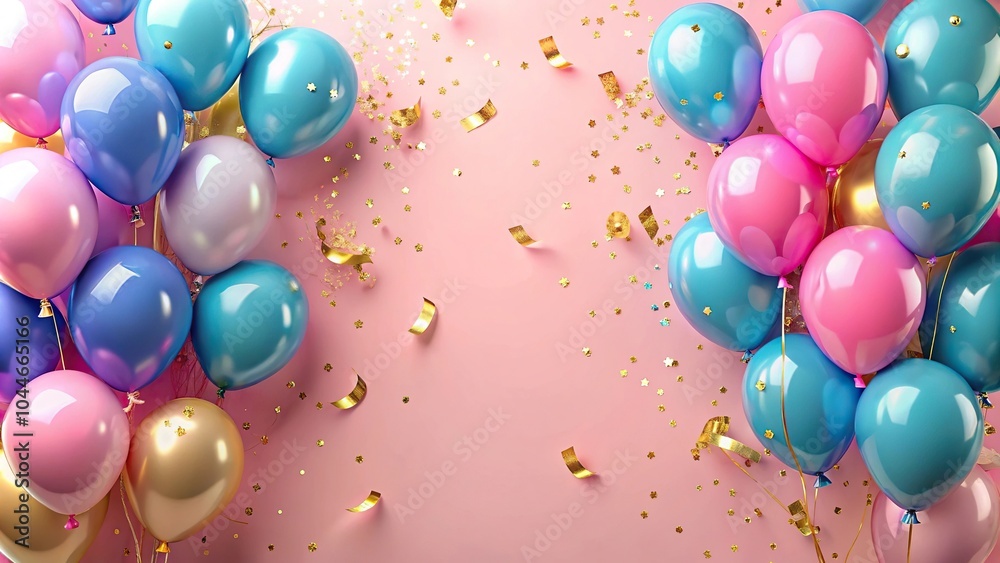 Symmetrical pink blue balloons gold confetti fun occasion Symmetrical pink blue balloons gold confetti fun occasion
