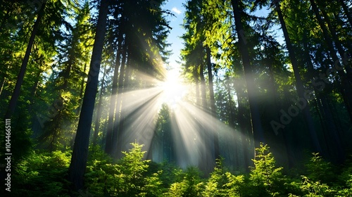 Golden rays of morning light streaming through the trees in a peaceful forest illuminating the misty air and casting soft shadows across the serene natural landscape