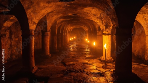 Endless catacombs illuminated by flickering torches