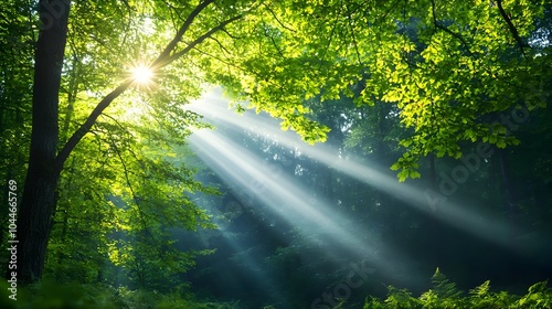Tranquil forest landscape bathed in the gentle glow of morning sunlight with beams of light piercing through the mist and illuminating the trees in a captivating ethereal scene