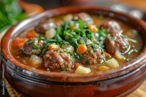 A dish of albondigas, Mexican meatballs served in a savory tomato-based broth with vegetables, garnished with fresh herbs