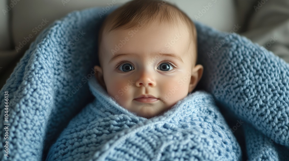 A charming baby boy wrapped in a soft blue blanket gazing directly at the camera A charming baby boy wrapped in a soft blue blanket gazing directly at the camera