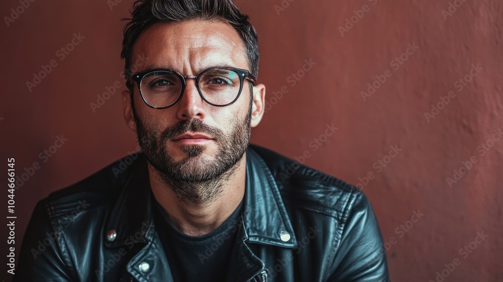 Obraz premium Hopeful biker wearing a black leather jacket and vintage glasses