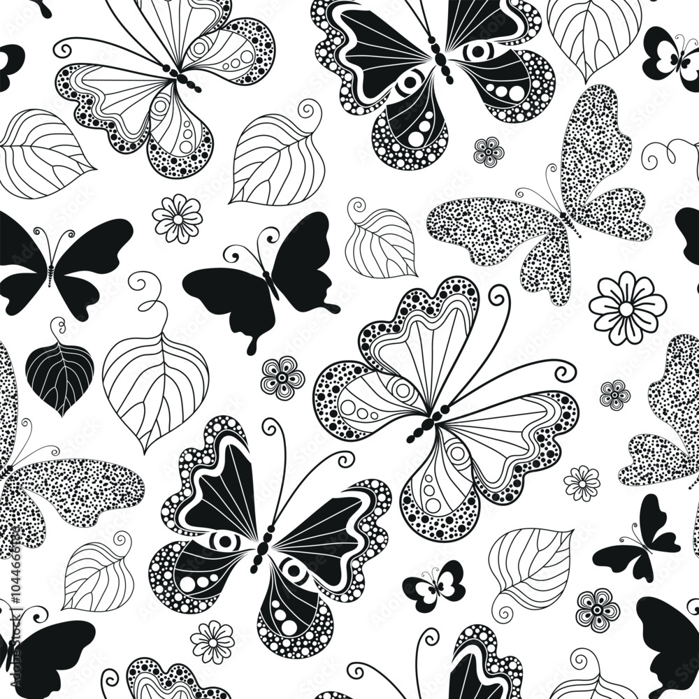 Vector seamless monochrome pattern with black doodle butterflies on the transparent background Vector seamless monochrome pattern with black doodle butterflies on the transparent background