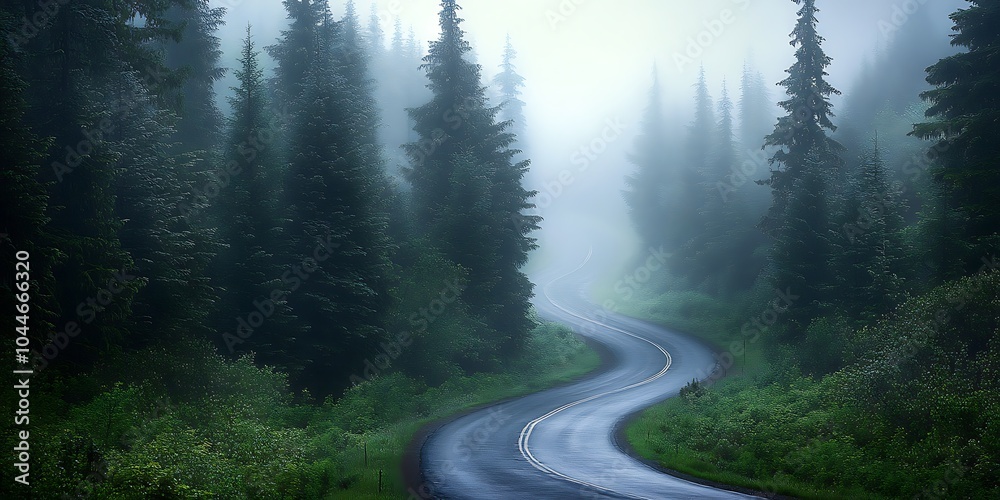 A misty road through an spooky dark jungle, old road in pine forest landscape A misty road through an spooky dark jungle, old road in pine forest landscape