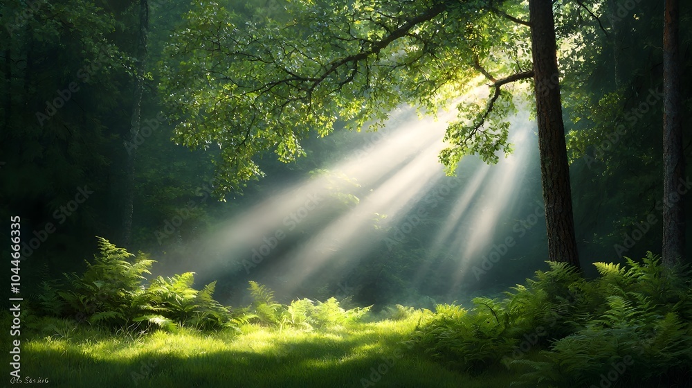 Obraz premium Soft morning sunlight shining through the trees in a tranquil forest casting golden beams and lighting up the lush verdant forest floor in a serene peaceful and enchanting scene