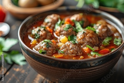 A dish of albondigas, Mexican meatballs served in a savory tomato-based broth with vegetables, garnished with fresh herbs