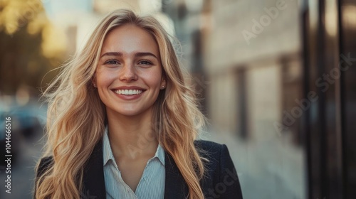 Smiling and confident young blonde businesswoman in an urban setting