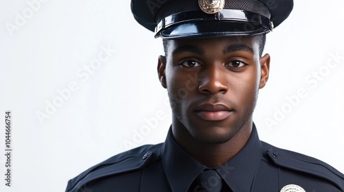 Close up image of a Black male police officer in uniform and hat standing against a white background