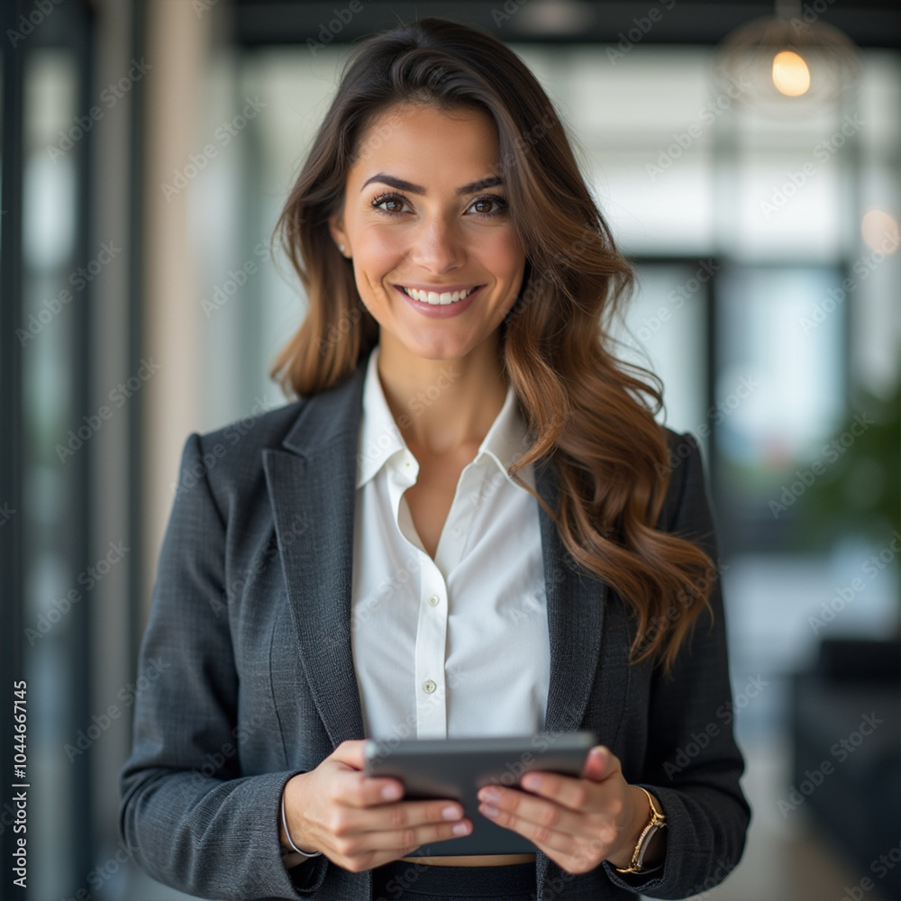A woman stands confidently in a modern office, smiling as she uses her smartphone during work hours in a bright environment A woman stands confidently in a modern office, smiling as she uses her smartphone during work hours in a bright environment