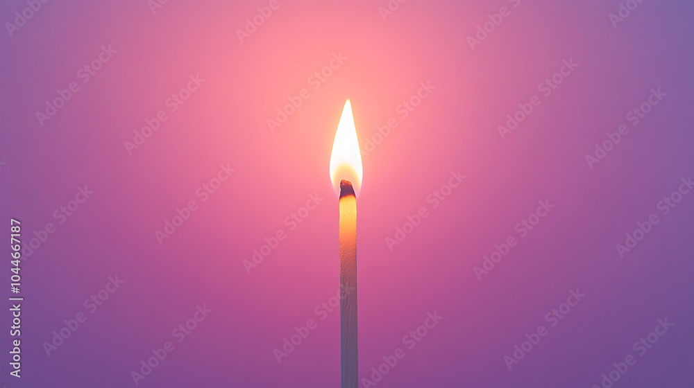 A single burning match on pink and purple hued background, flame and fire, small blaze of light A single burning match on pink and purple hued background, flame and fire, small blaze of light