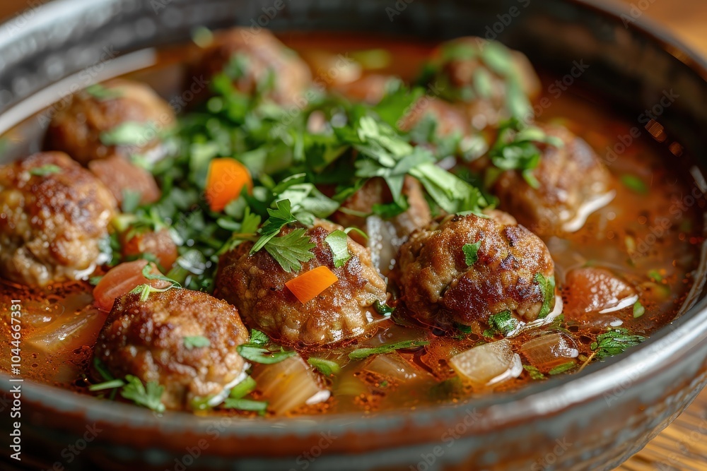 A dish of albondigas, Mexican meatballs served in a savory tomato-based broth with vegetables, garnished with fresh herbs A dish of albondigas, Mexican meatballs served in a savory tomato-based broth with vegetables, garnished with fresh herbs