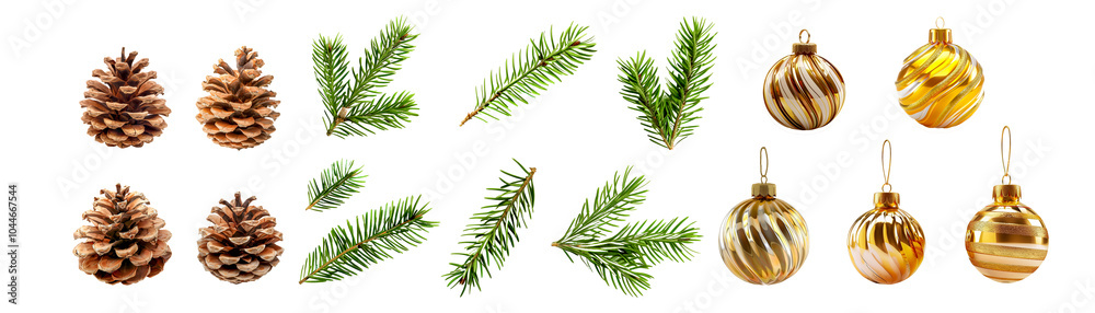 collection of pine leaf, cone fruit, gold balls isolated on white collection of pine leaf, cone fruit, gold balls isolated on white