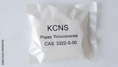 KCNS potassium thiocyanate CAS 333-20-0 chemical substance in white plastic laboratory packaging photo