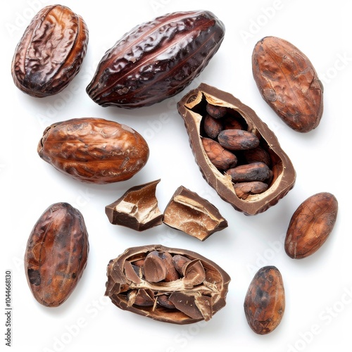Isolated of cocoa, Brown roasted cocoa beans seeds isolated, cocoa bean isolate, white background, bean isolated on white