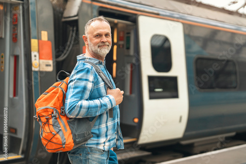 Elderly man with orange backpack boarding a train at a bustling railway station on a sunny afternoon