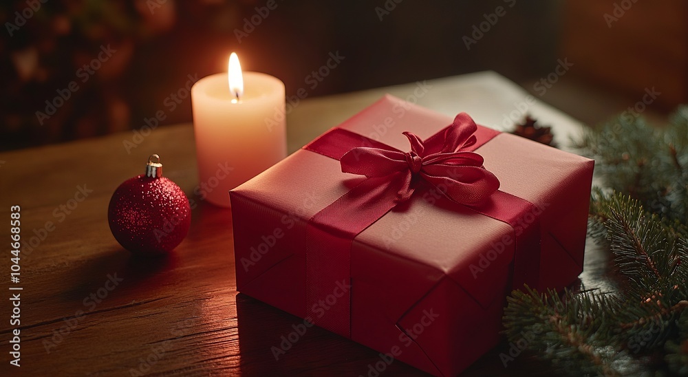 Red gift box with a ribbon on a table near a burning candle and Christmas decoration. Red gift box with a ribbon on a table near a burning candle and Christmas decoration.
