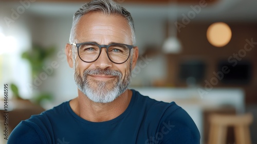 A happy content man standing in a room filled with soft natural indoor sunlight basking in the warm glowing ambiance and peaceful serene atmosphere