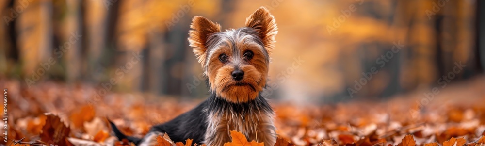 Small dog sitting in the leaves in the woods, animal background, banner, copy space Small dog sitting in the leaves in the woods, animal background, banner, copy space