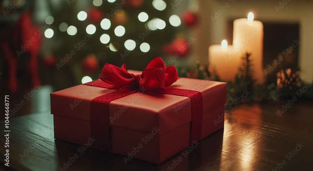 Red gift box with a ribbon on a table near a burning candle and Christmas decoration. Red gift box with a ribbon on a table near a burning candle and Christmas decoration.