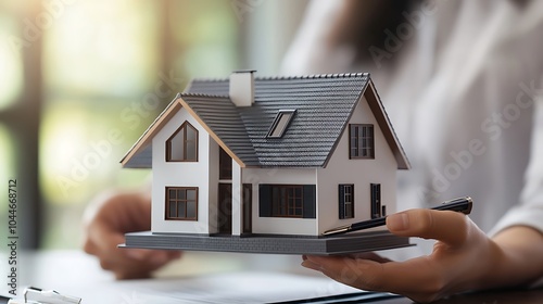 Minimal small design of a house with a man in defocused background writing with his pen and hands in picture, real estate agent working, buying assets and housing