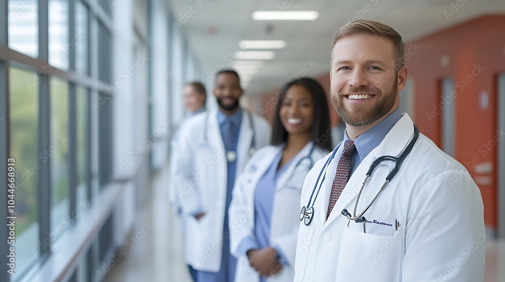 Healthcare team with doctors and nurses smiling and looking to camera, expert team of medical professionals in white coat in hospital Healthcare team with doctors and nurses smiling and looking to camera, expert team of medical professionals in white coat in hospital