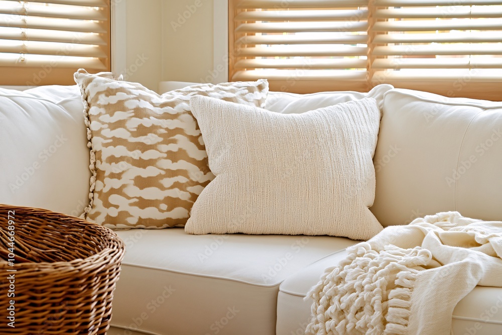 Cozy Living Room with White Couch and Throw Pillows Cozy Living Room with White Couch and Throw Pillows