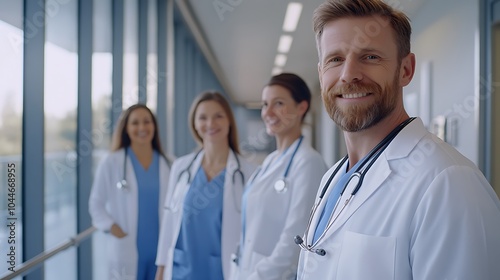 Healthcare team with doctors and nurses smiling and looking to camera, expert team of medical professionals in white coat in hospital